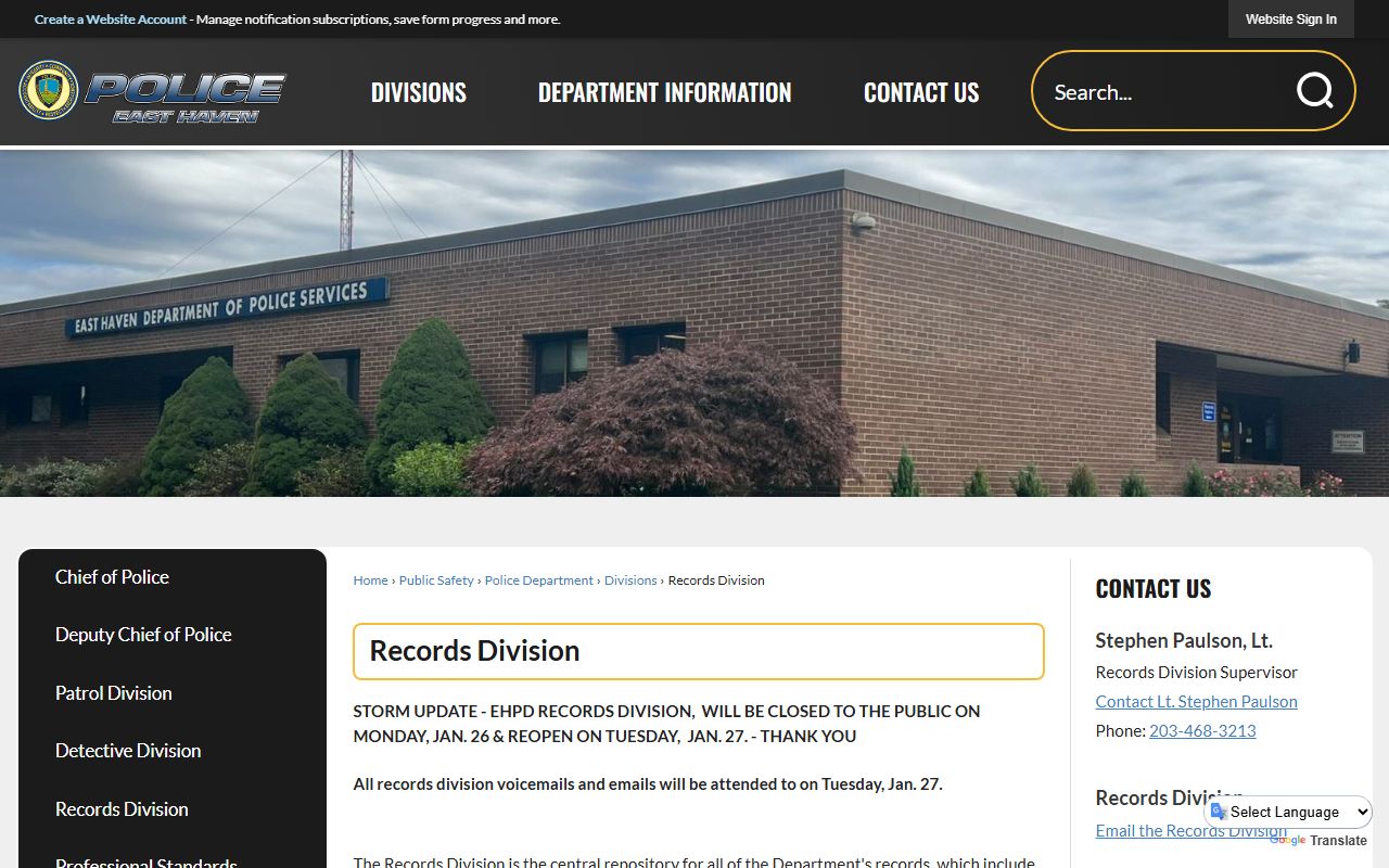 East Haven Police Department Records Division for recent arrest records