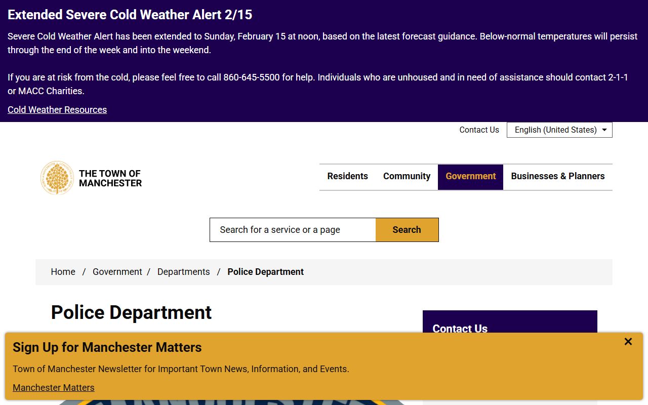 Manchester Police Department website for recent arrest records in Connecticut