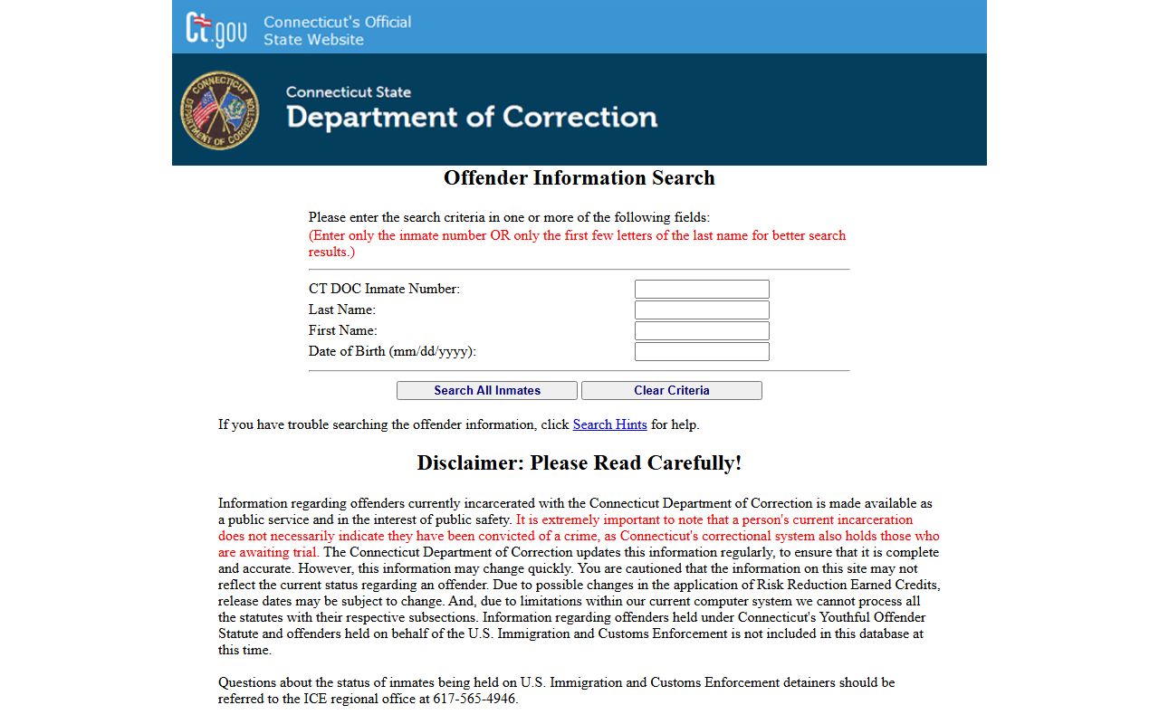Connecticut Department of Correction inmate search for arrest records