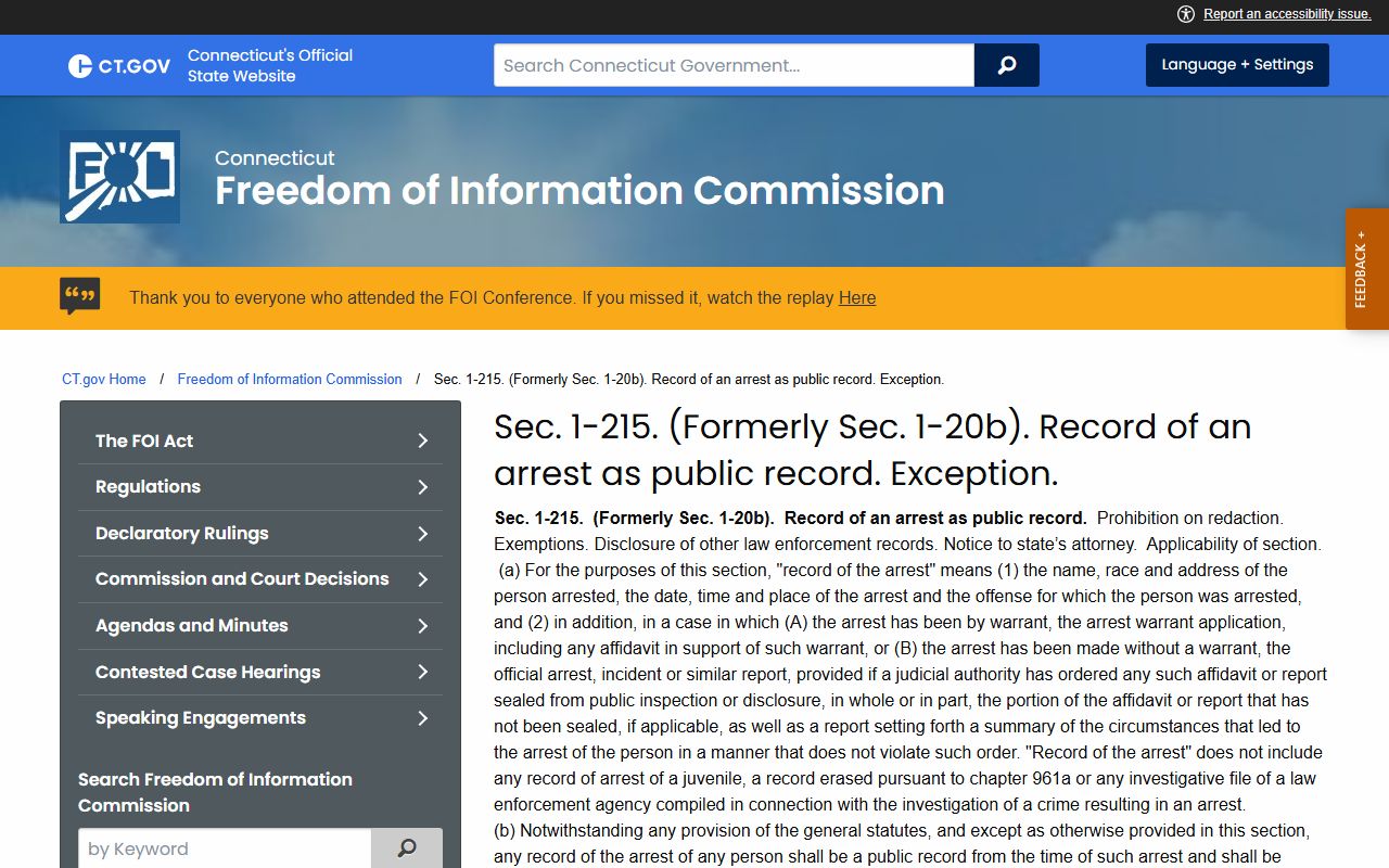 Connecticut FOI Act section 1-215 arrest record statute