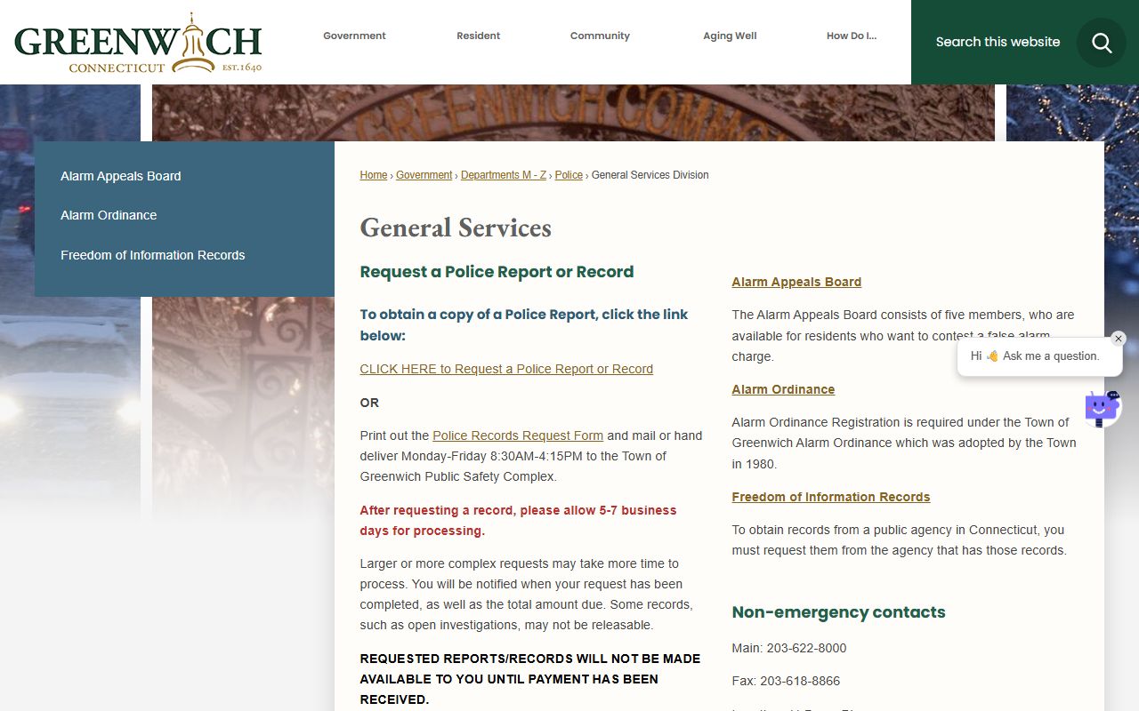 Greenwich Connecticut Police general services for record requests