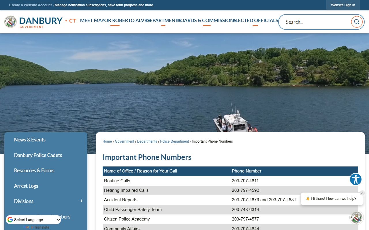 Danbury Connecticut Police important phone numbers for arrest records