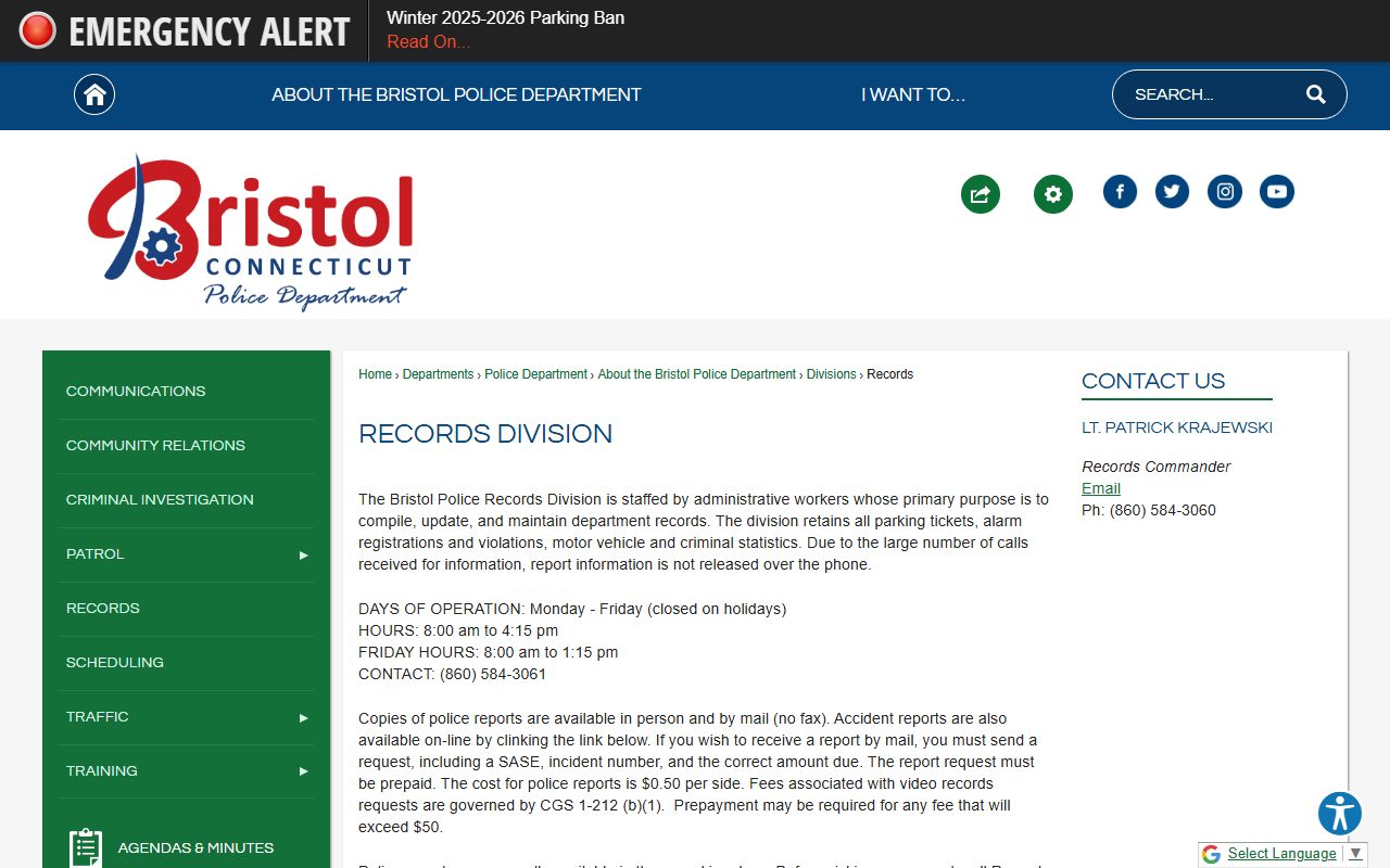 Bristol Connecticut Police records division for arrest reports