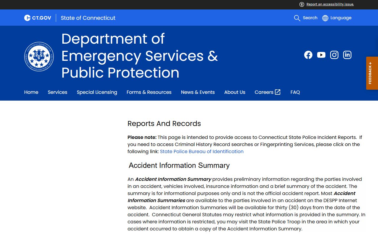 Connecticut State Police reports and records page for arrest information